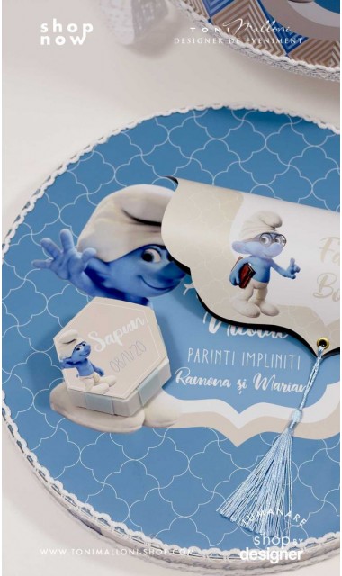 Trusou botez cu strumfii si broderie personalizata in nuante de crem si albastru Bebe Strumf 6